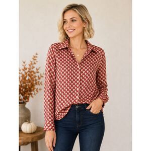 H&M Sz. XS Rust/Mauve/Cream Geometric Chevron Button Down Silky Blouse NWT #19